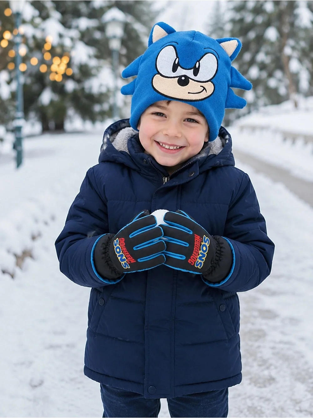 Sonic The Hedgehog Kids Blue Beanie & Ski Gloves Winter Set